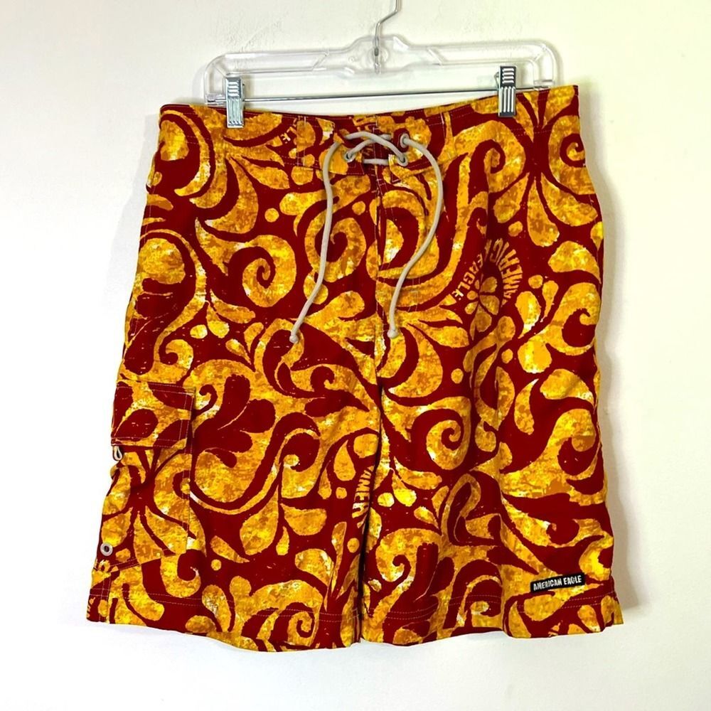 Vintage American Eagle Outfitters Red Yellow Patterned Swim Trunks Men's Size 33